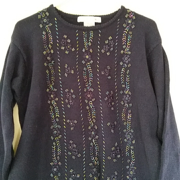 Victoria Jones Beaded Floral Tunic Sweater L Navy Blue - Picture 5 of 16